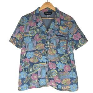 Vintage 90s Tourist Button Down Top Womens Large Denim Novelty Vacation Traveler